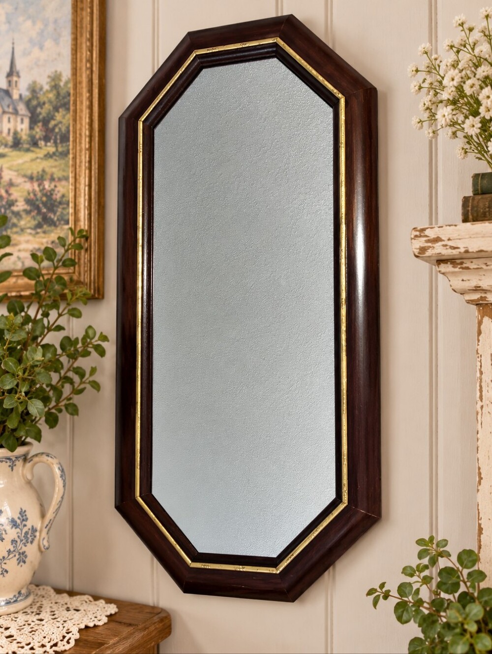 Vintage Mahogany with gold trim octagon home interior mirror